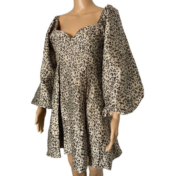 Sister Jane Tempo Leopard Jacquard Puff Sleeve Sweetheart Mini Dress Size XS - Picture 5 of 8